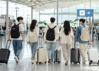짧은 해외여행을 떠나기 위해 공항 출국장으로 향하는 젊은 한국인 여행자들