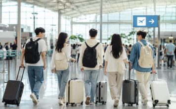 짧은 해외여행을 떠나기 위해 공항 출국장으로 향하는 젊은 한국인 여행자들