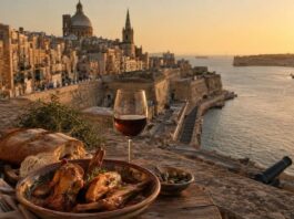 A Maltese table with rabbit stew, bread, olives, and wine overlooking Grand Harbour in Valletta