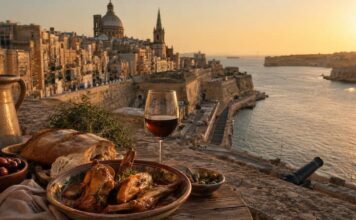 A Maltese table with rabbit stew, bread, olives, and wine overlooking Grand Harbour in Valletta