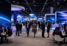 Global MICE exhibition hall with business meetings, digital displays and networking areas