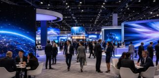Global MICE exhibition hall with business meetings, digital displays and networking areas