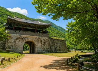 문경새재도립공원 제1관문 주흘관과 초여름 황토길 풍경