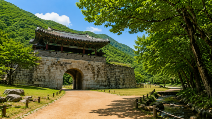 문경새재도립공원 제1관문 주흘관과 초여름 황토길 풍경