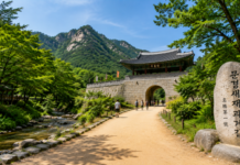 문경새재도립공원의 황토 흙길과 주흘산, 조령산 숲길이 어우러진 트레킹 풍경