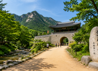 문경새재도립공원의 황토 흙길과 주흘산, 조령산 숲길이 어우러진 트레킹 풍경