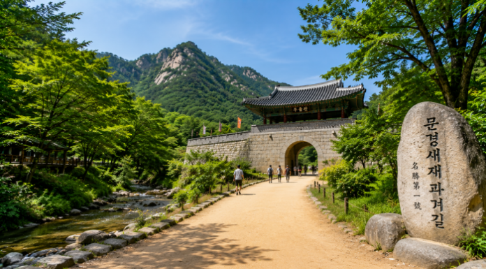 문경새재도립공원의 황토 흙길과 주흘산, 조령산 숲길이 어우러진 트레킹 풍경