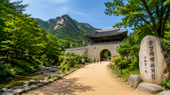 문경새재도립공원의 황토 흙길과 주흘산, 조령산 숲길이 어우러진 트레킹 풍경