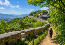 푸른 숲과 남한산성 성곽길을 걷는 여행객