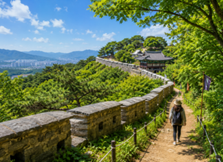 푸른 숲과 남한산성 성곽길을 걷는 여행객