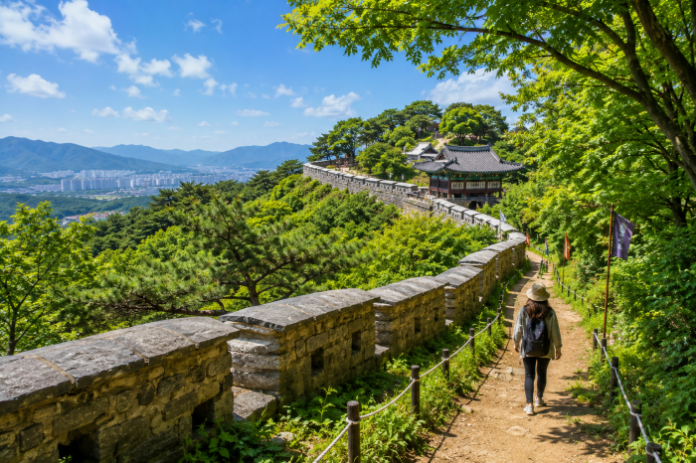 푸른 숲과 남한산성 성곽길을 걷는 여행객