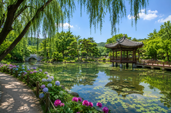 파주 벽초지수목원 벽초지 연못과 파련정 풍경