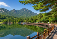 명성산을 배경으로 포천 산정호수와 수변데크 둘레길이 어우러진 호수 산책 풍경
