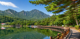 명성산을 배경으로 포천 산정호수와 수변데크 둘레길이 어우러진 호수 산책 풍경