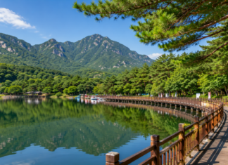 명성산을 배경으로 포천 산정호수와 수변데크 둘레길이 어우러진 호수 산책 풍경