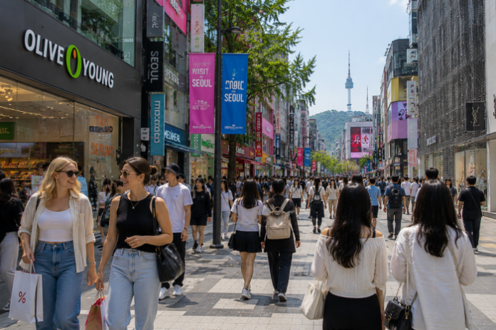 seoul-tourism-spending-myeongdong-main 서울 명동 거리에서 쇼핑하는 외국인 관광객들