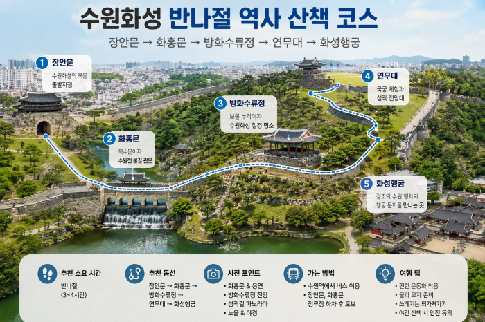 장안문과 화홍문, 방화수류정, 연무대, 화성행궁을 잇는 수원화성 산책 코스