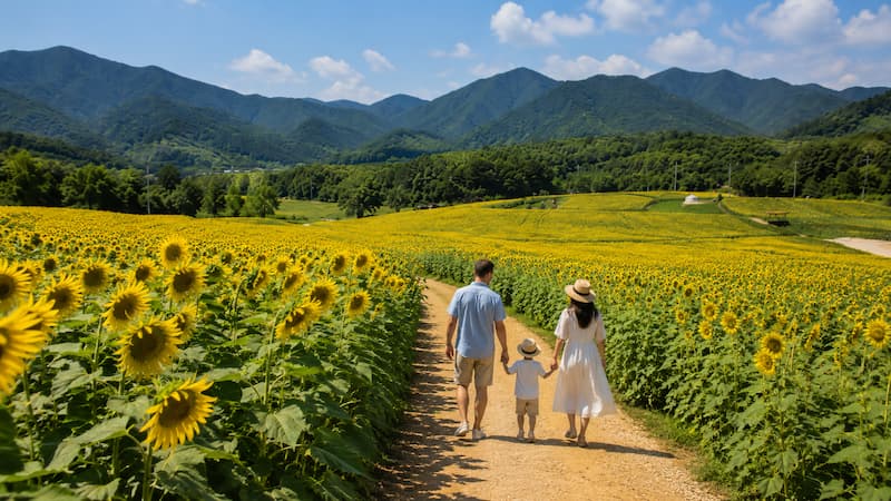 태백 구와우마을 해바라기밭 산책로를 걷는 가족 여행객