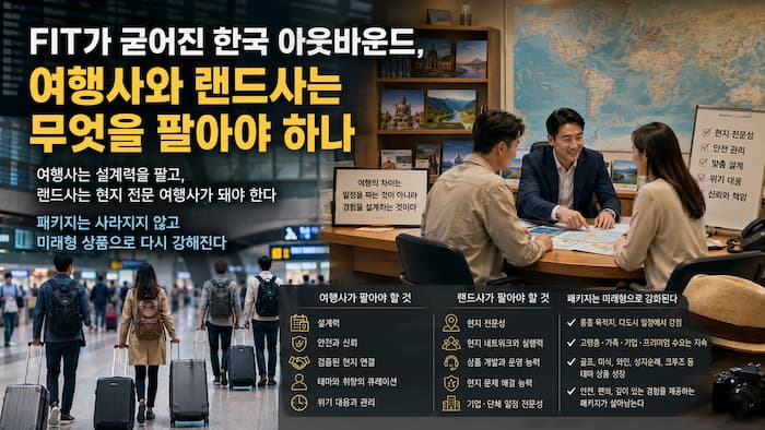 여행사 상담 장면과 공항 출국 장면을 통해 FIT 시대 여행사와 랜드사의 변화를 보여주는 이미지