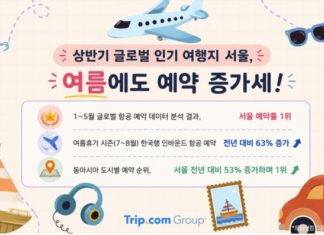 서울 도심과 공항, 가족 여행객, 쿨케이션 목적지를 함께 보여주는 트립닷컴 여름 여행 트렌드 이미지