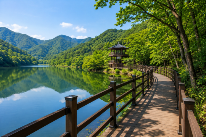 yeongju-sunheung-reservoir-deck-trail-lakeside-walk 영주 순흥저수지 데크길과 소백산 자락 호수 풍경
