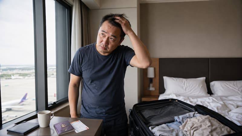여행 후 욕실 거울 앞에서 젖은 머리 상태를 확인하는 여성