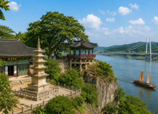 여주 신륵사·남한강 출렁다리|부모님과 당일치기로 걷기 좋은 천년사찰 강변길 남한강 옆에 자리한 여주 신륵사와 강월헌, 출렁다리가 어우러진 강변 사찰 풍경