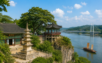 남한강 옆에 자리한 여주 신륵사와 강월헌, 출렁다리가 어우러진 강변 사찰 풍경