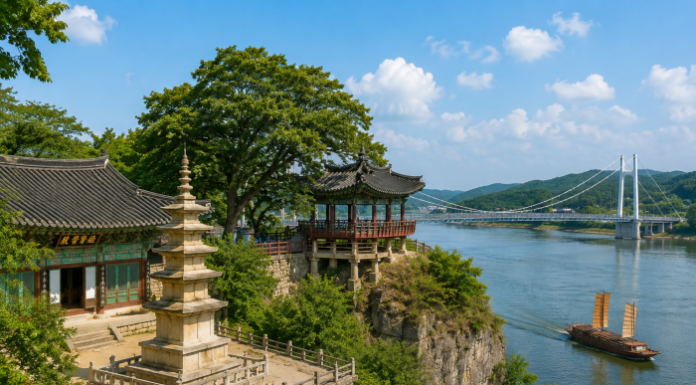 남한강 옆에 자리한 여주 신륵사와 강월헌, 출렁다리가 어우러진 강변 사찰 풍경