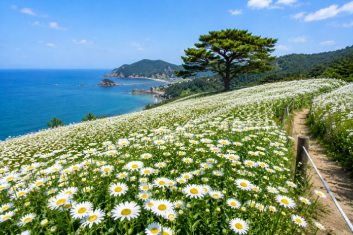 부안 변산마실길 해안 언덕에 핀 샤스타데이지 꽃밭과 서해 풍경
