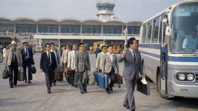 1970년대 공항에서 한국인 가이드의 안내를 받는 일본인 단체관광객