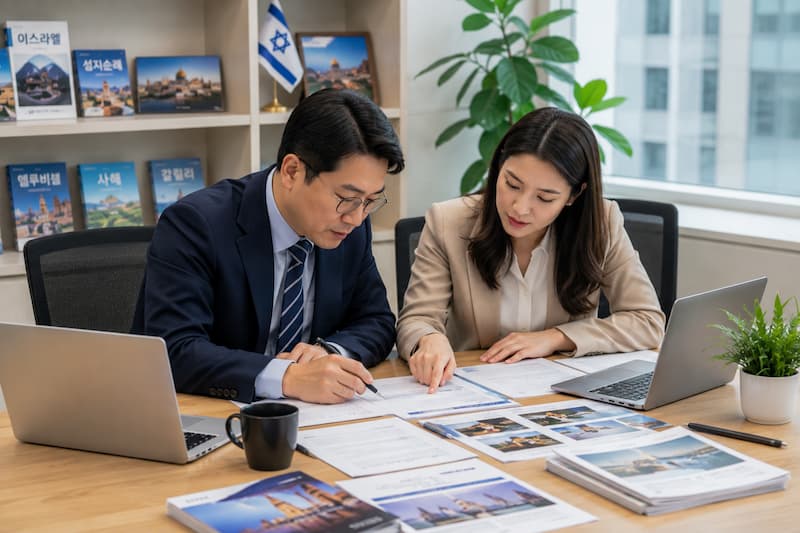 Tourism professionals preparing travel stories and media materials.