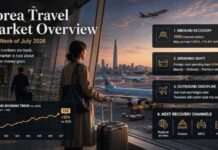 Korea Travel Market Overview showing airport departure scene, inbound recovery, foreign spending shift and outbound travel discipline in July 2026