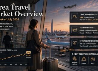 Korea Travel Market Overview|Last Week of June 2026 Korea Travel Market Overview showing airport departure scene, inbound recovery, foreign spending shift and outbound travel discipline in July 2026