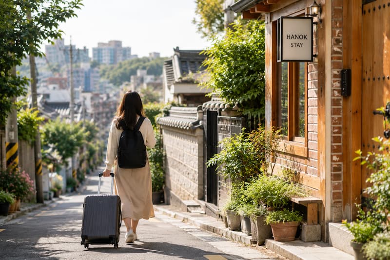 서울 주택가 에어비앤비형 도시민박으로 들어가는 외국인 여행객