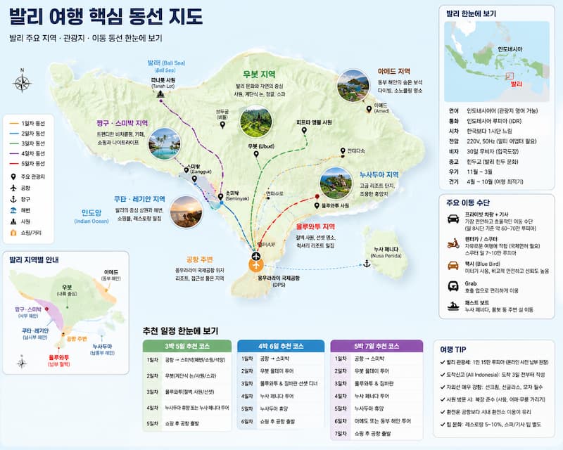 발리 공항에서 우붓 스미냑 짱구 울루와투 누사두아로 이어지는 여행 동선 지도