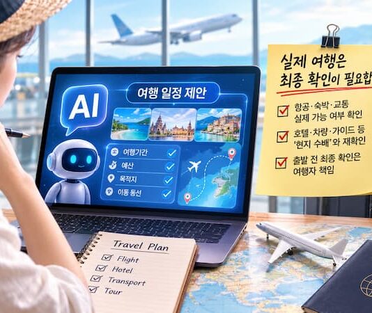 AI 여행정보 일정 제안과 실제 해외여행 최종 확인의 차이를 보여주는 모습