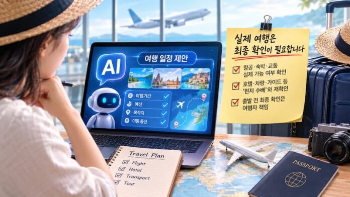 ai-travel-information-final-confirmation AI 여행정보 일정 제안과 실제 해외여행 최종 확인의 차이를 보여주는 모습