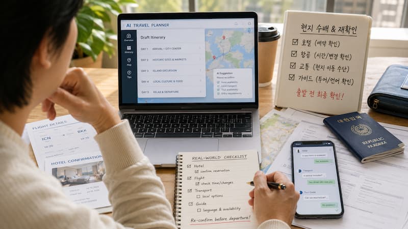AI 여행 일정안과 호텔 항공 교통 가이드의 현지 수배를 재확인하는 여행자