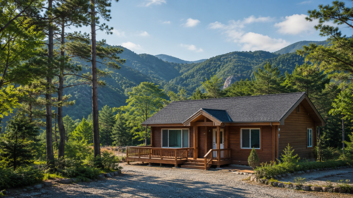 산자락을 배경으로 자리한 봉황자연휴양림 목조 숙소