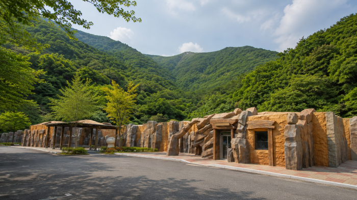 보령 냉풍욕장 외관과 푸른 산자락 전경
