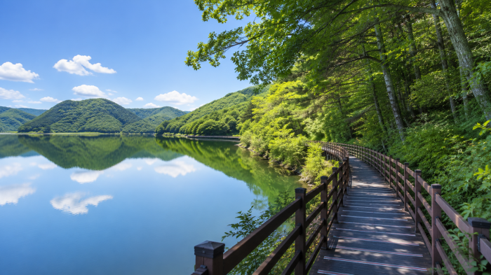 회동수원지 수변 데크로드와 호수 반영