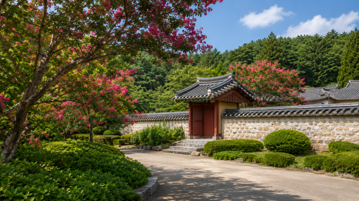 부산진 배롱나무와 전통 담장, 숲길 풍경