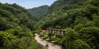 청주 상당산성자연휴양림 숲속 숙박동과 진입로 전경