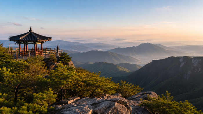 칠곡 유학산 정상 유학정과 겹겹이 펼쳐진 산그리메