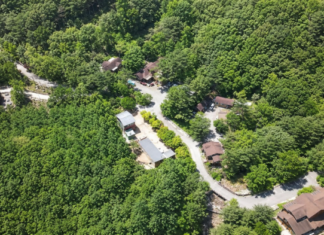 용화산자연휴양림 산림복합체험센터 재개장, 100m 집라인과 12m 인공암벽 운영 울창한 숲속에 숙박동과 관리시설이 자리한 춘천 용화산자연휴양림 전경