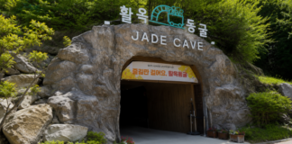 충주 활옥동굴 암반수 호수에서 투명 카약을 타는 여행객