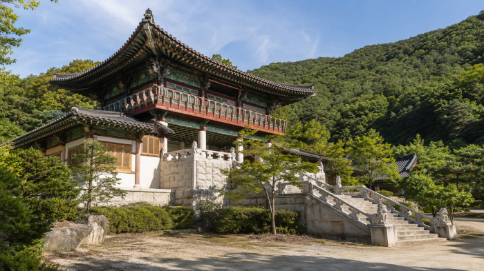 충주 석종사 천척루 측면과 금봉산 숲