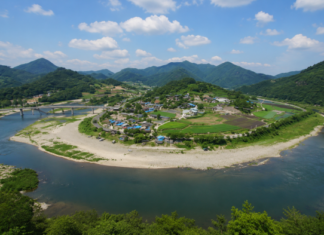 충주 수주팔봉 출렁다리, 달천 위 암봉을 건너 만나는 한반도 물돌이 비경 충주 수주팔봉 전망대에서 내려다본 달천 물돌이와 팔봉마을