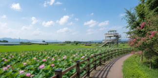 대구 반야월연꽃단지의 산책로와 넓게 펼쳐진 연꽃 군락